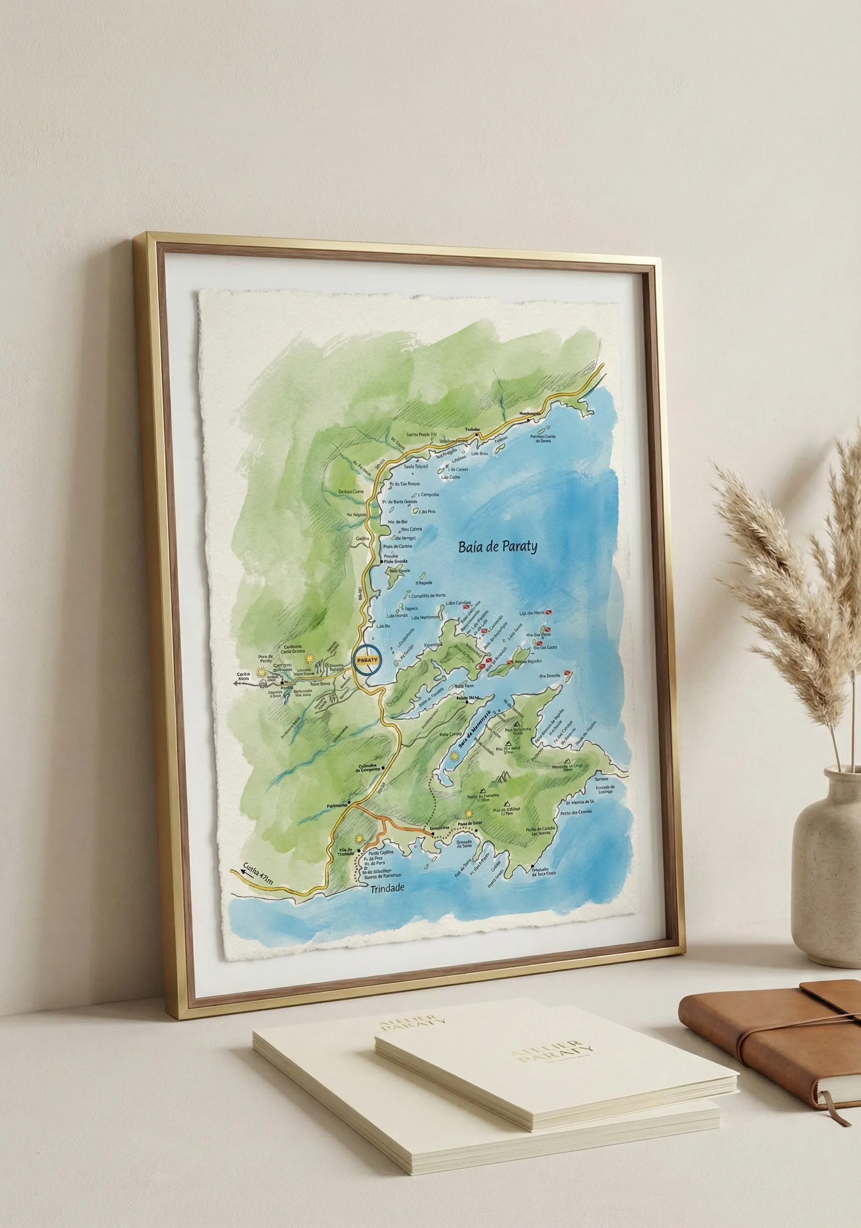 Mapa ilustrado da Baía de Paraty emoldurado