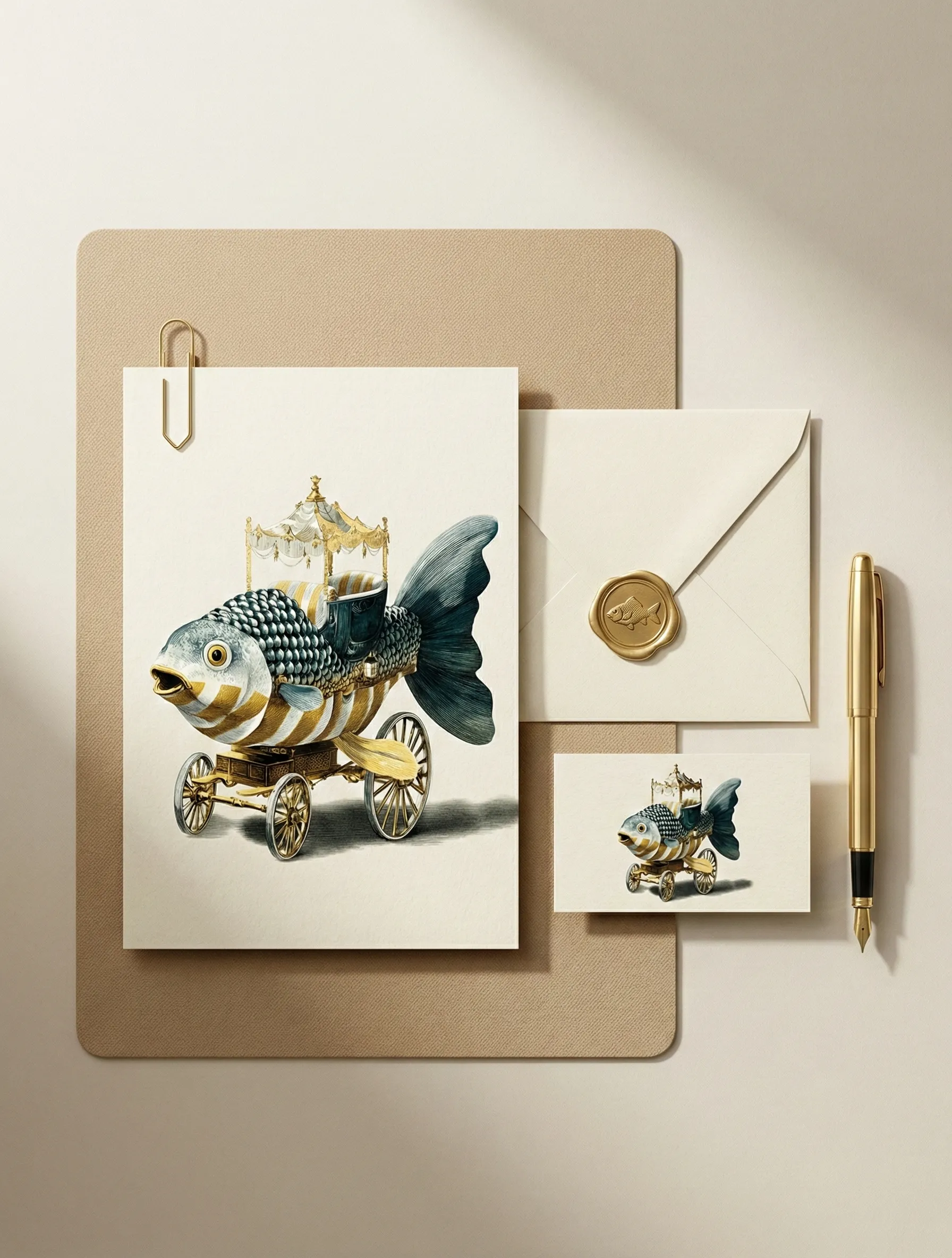 Papelaria artesanal com ilustração de peixe