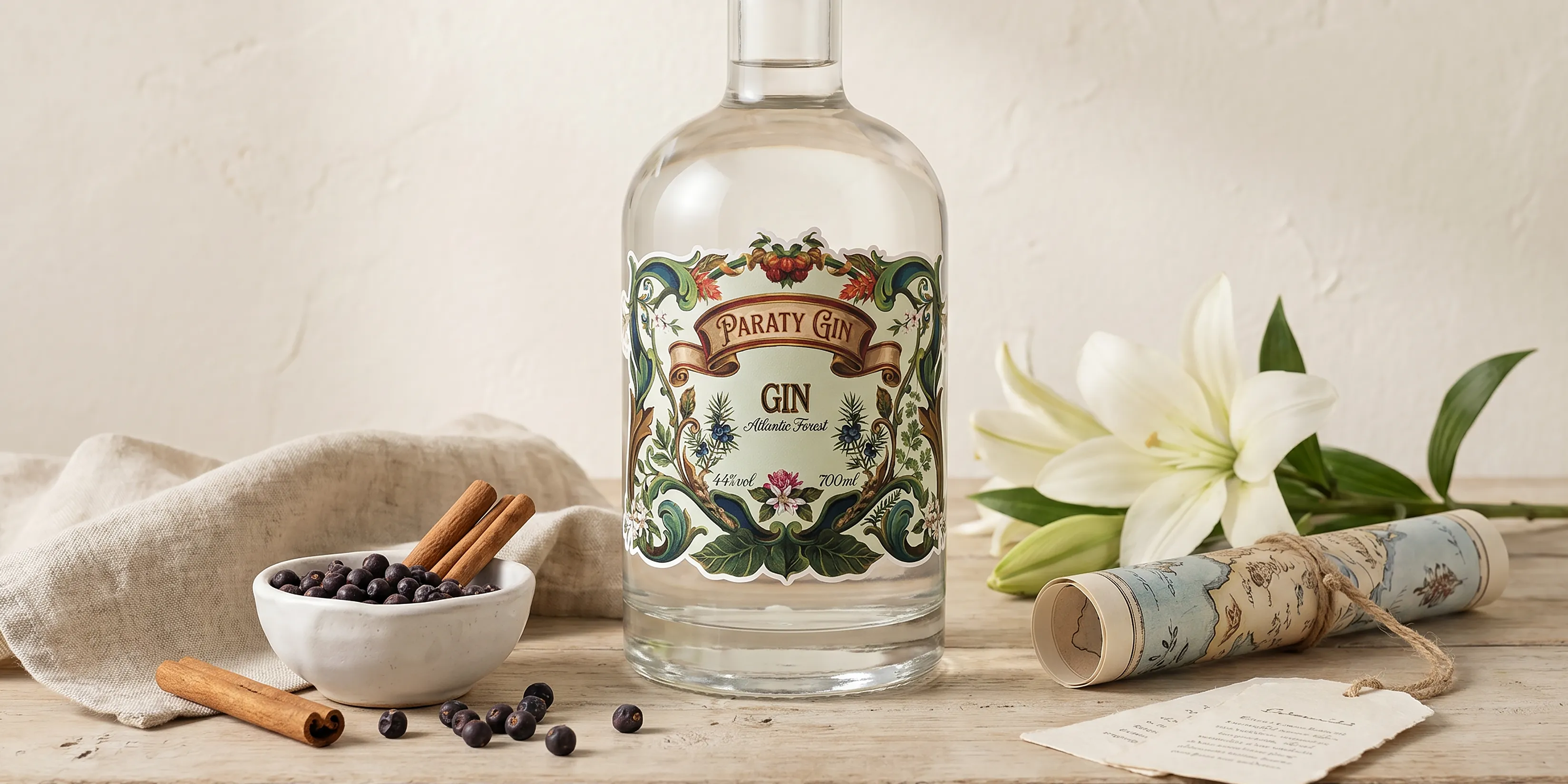 Garrafa de Paraty Gin com rótulo botânico ilustrado