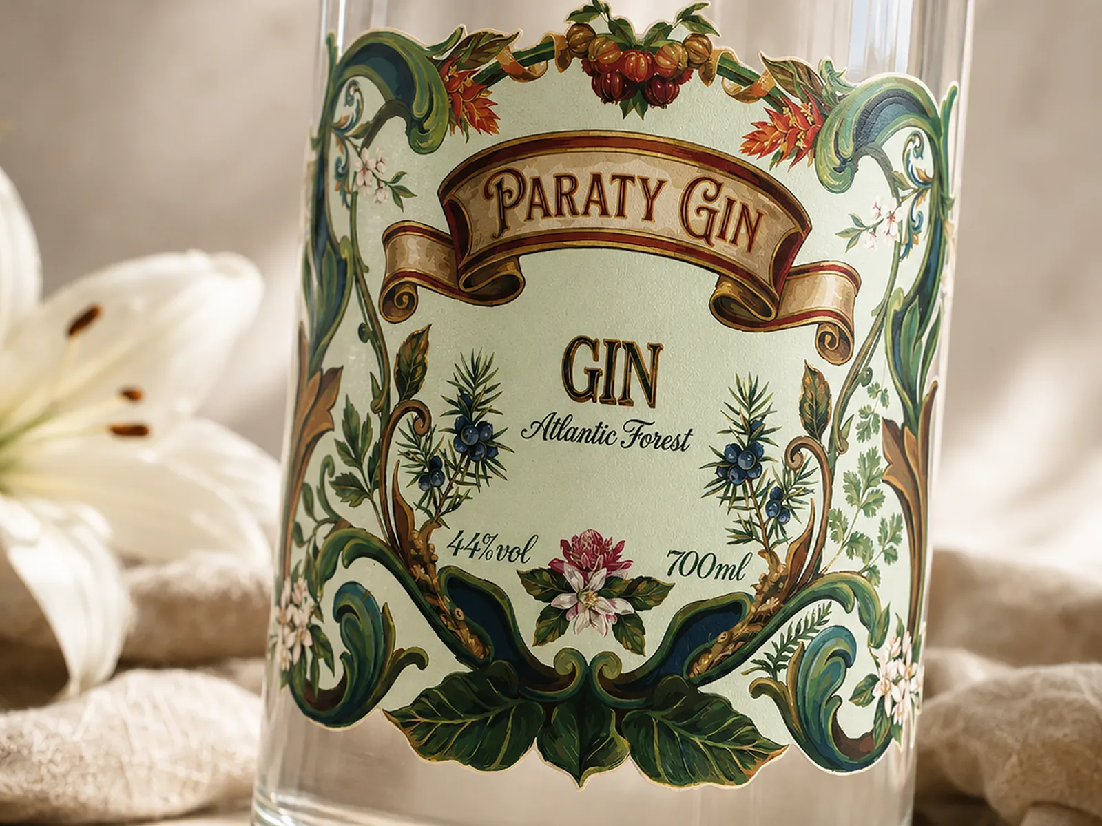 Rótulo ilustrado do Paraty Gin em detalhe