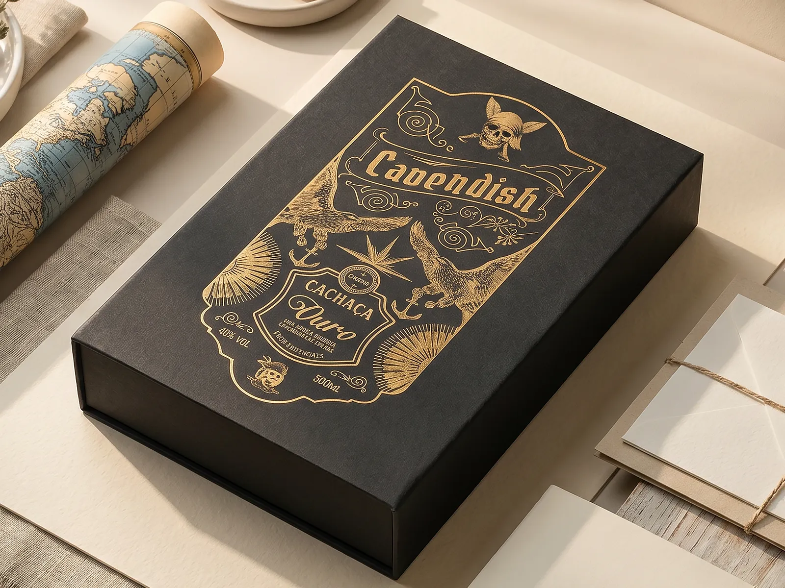 Caixa da Cachaça Cavendish em foil dourado
