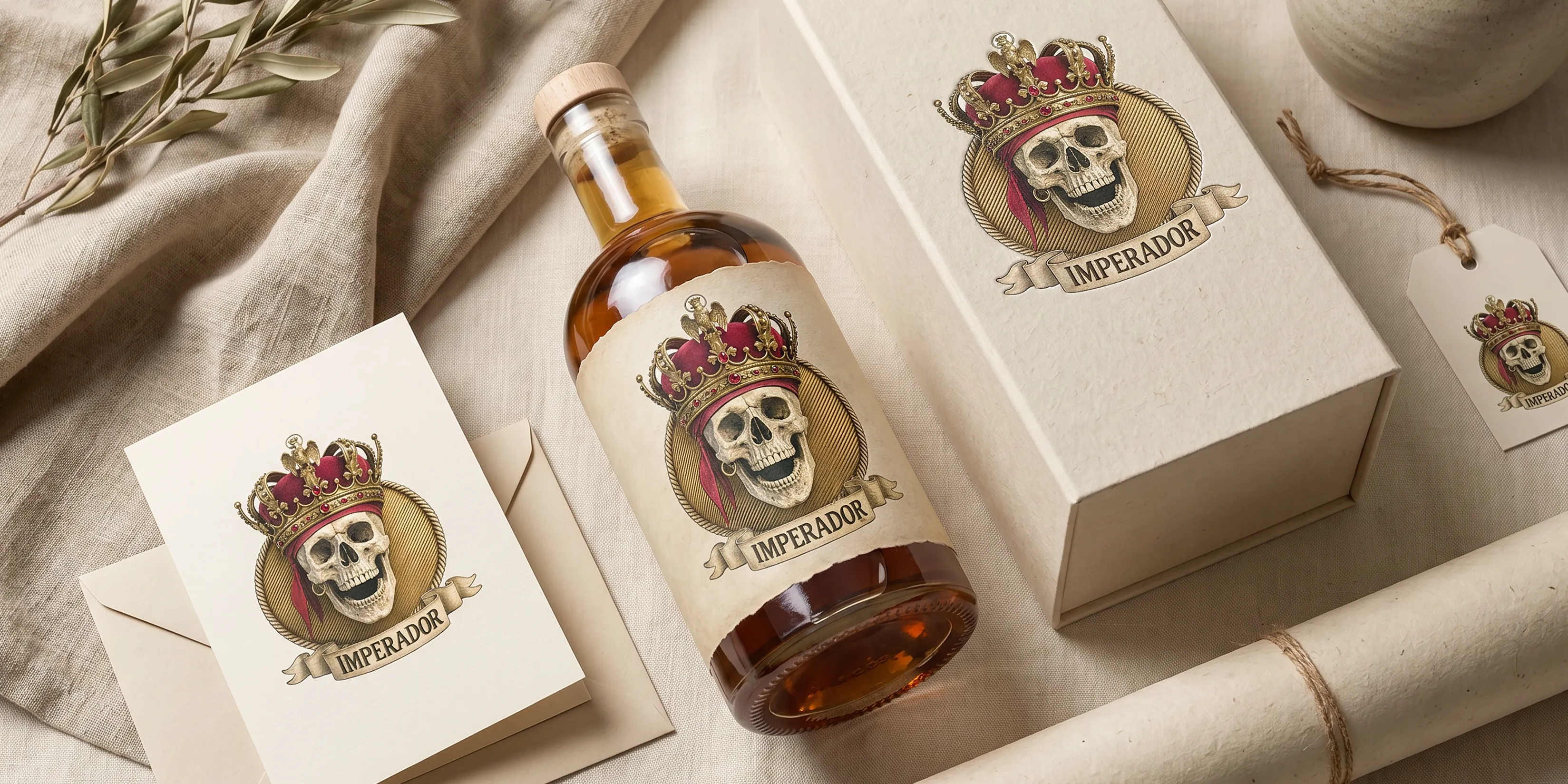 Linha Imperador — garrafa, caixa e papelaria com caveira coroada